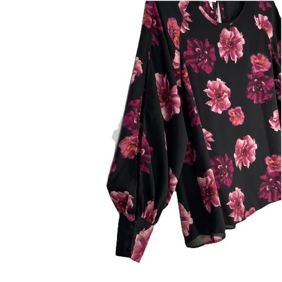 Maurices XL Black Pink Boho Floral Open Slit Cuffed Long Sleeve Blouse Career - Picture 5 of 8